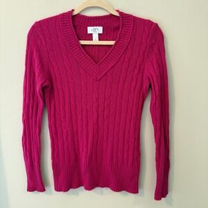 Ann Taylor LOFT Petite‎ Cable Knit V Neck Long Sleeve Sweater Women's SP Pink
